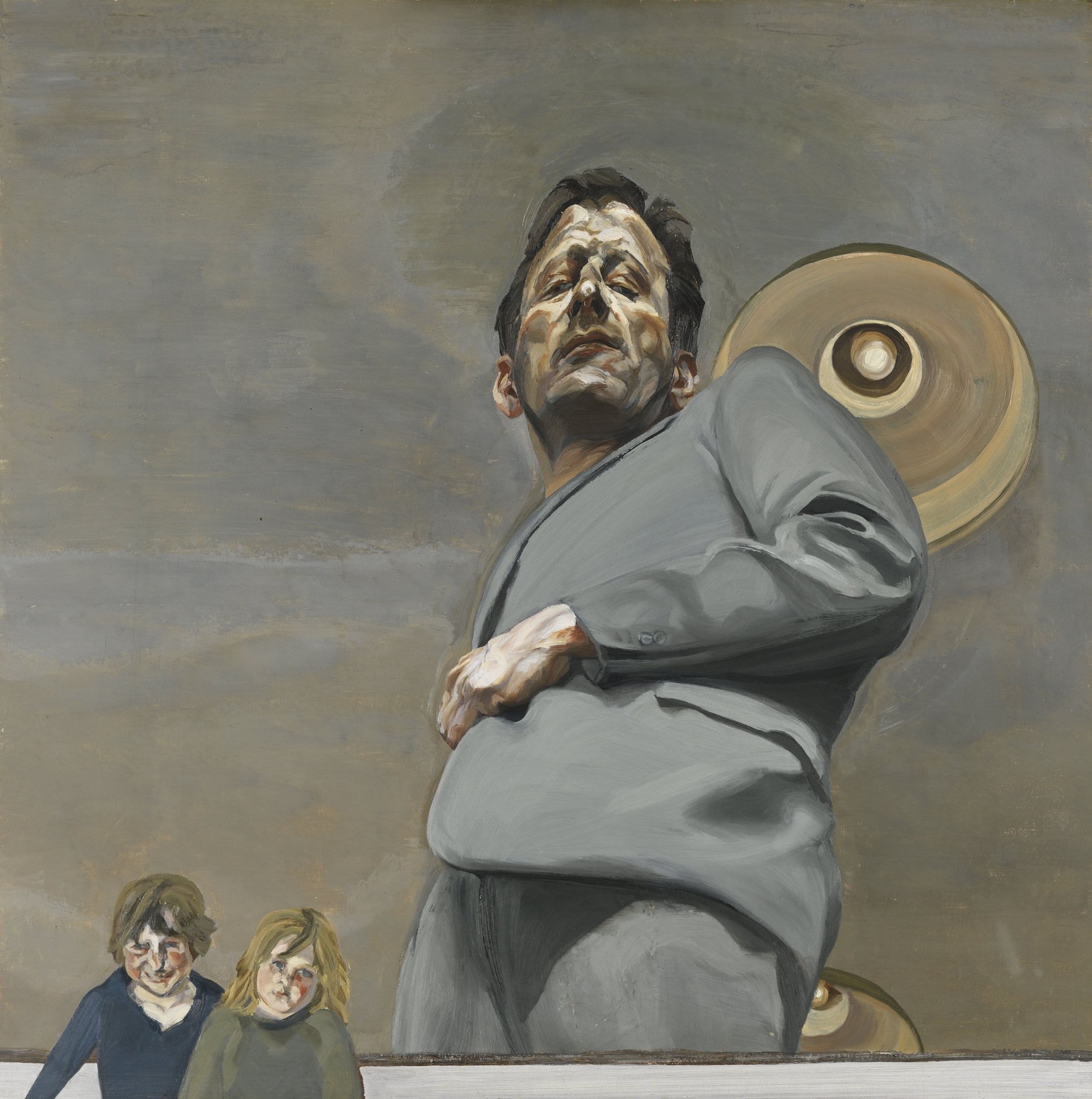 Click numbered symbols to learn about their meaning Reflection with Two Children by Lucian Freud (1965) featuring Ceiling lamp as halo/target, Floor mirror edge, Looming grey suit, Hand on hip