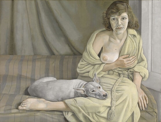 Click numbered symbols to learn about their meaning Girl with a White Dog by Lucian Freud (1950–51) featuring White dog, Covering hand, Parted bathrobe, Sash/cord with tassel