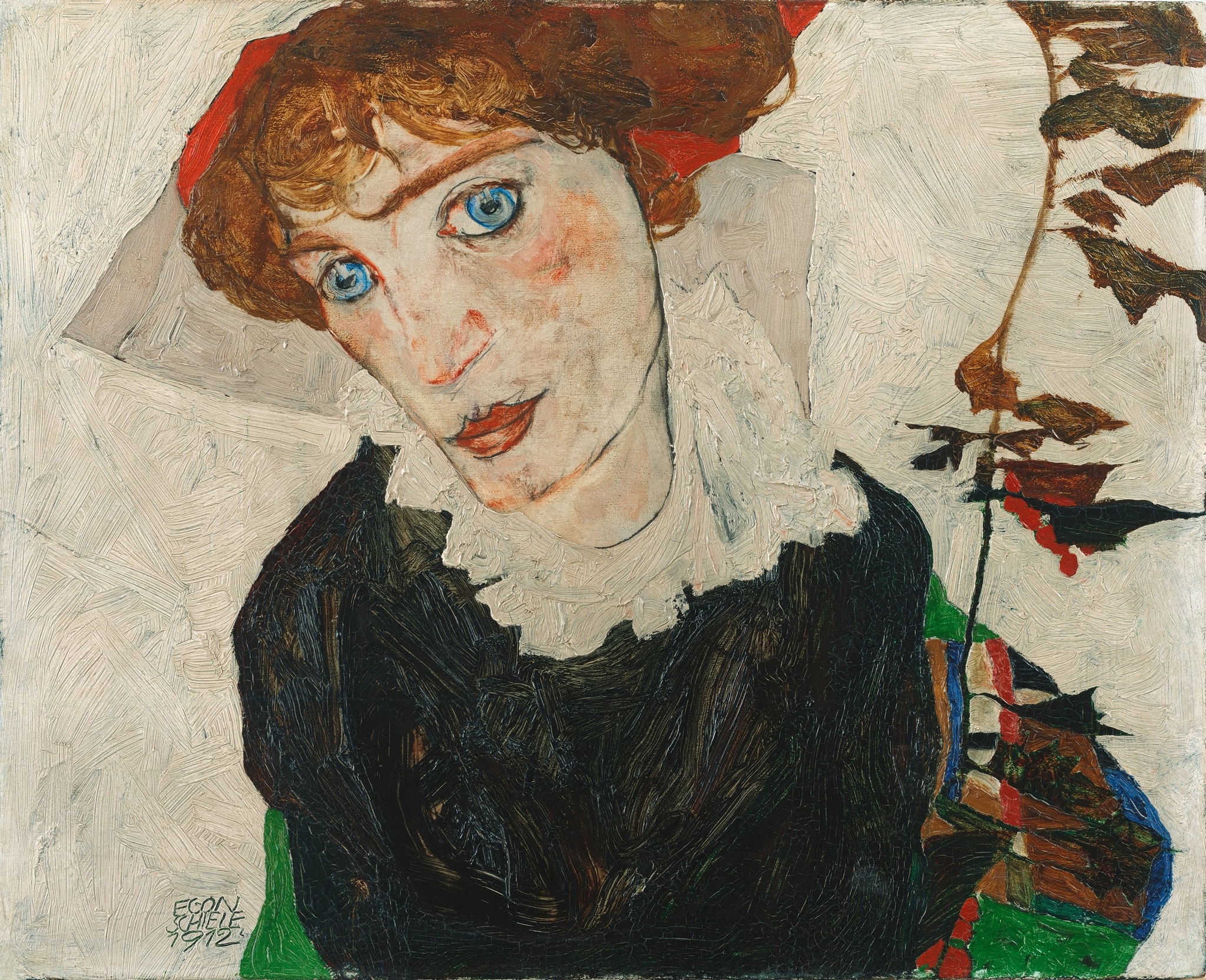 Click numbered symbols to learn about their meaning Portrait of Wally by Egon Schiele (1912) featuring Twig with red berries, Ice‑blue eyes and unwavering gaze, Ruffled white collar, Dense black dress
