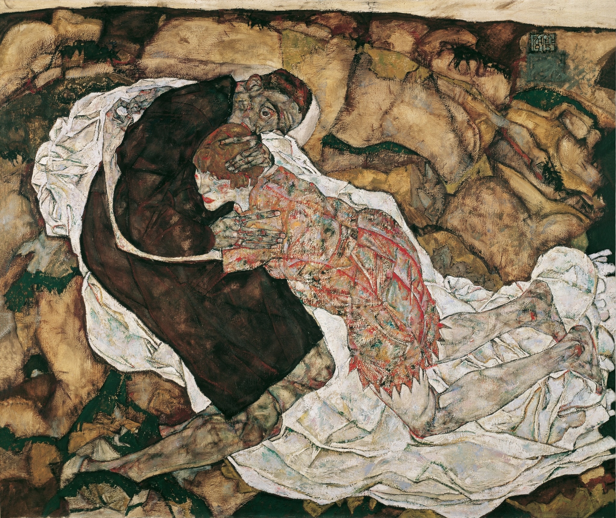 Click numbered symbols to learn about their meaning Death and the Maiden by Egon Schiele (1915) featuring Dark monk-like robe (Death), White cloth (bed/shroud), Patterned dress of the maiden, Red lips