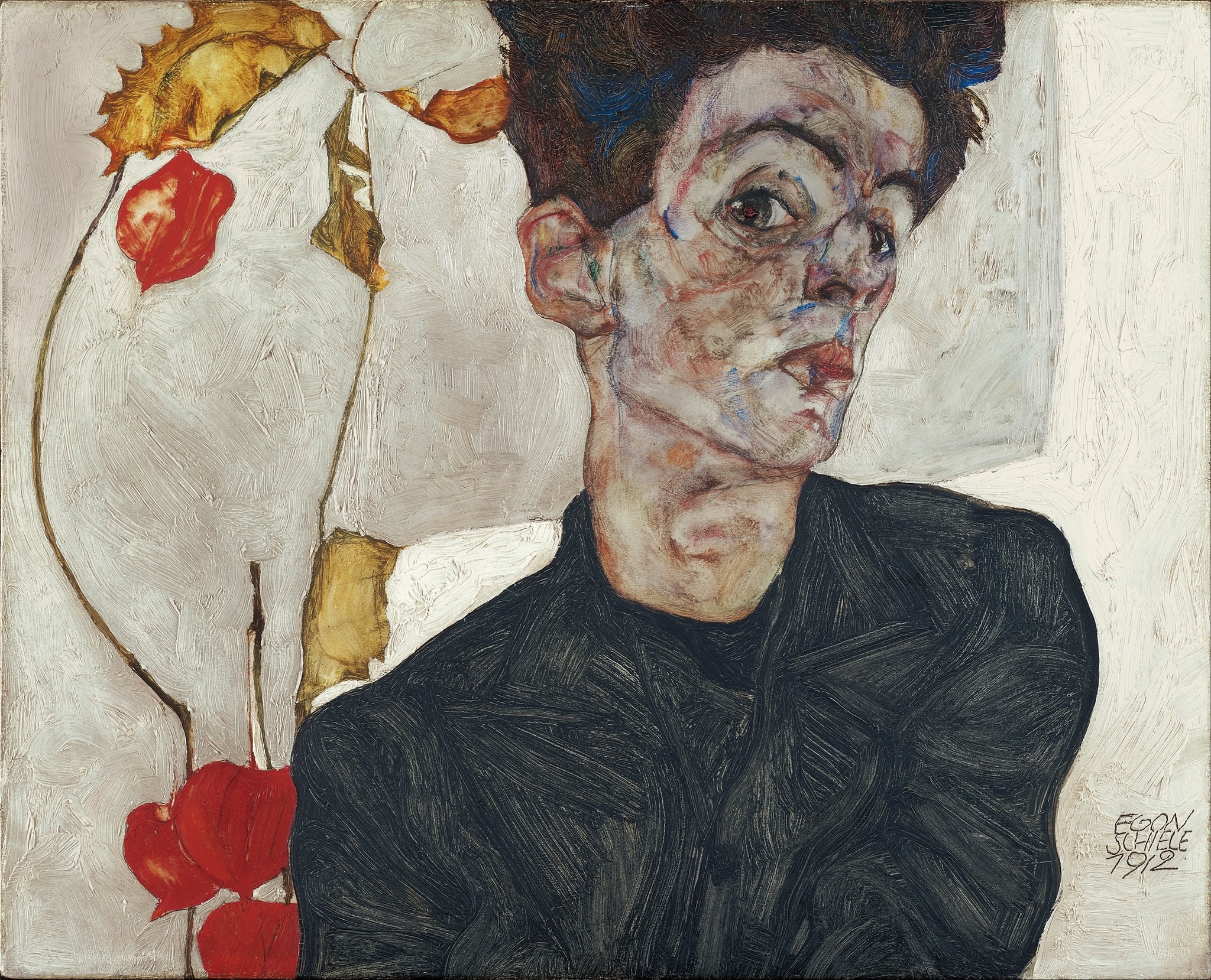 Click numbered symbols to learn about their meaning Self-Portrait with Physalis by Egon Schiele (1912) featuring Physalis (Chinese lantern) pods, Black angular jacket, Confronting eye/gaze, Twisted head and cropped body