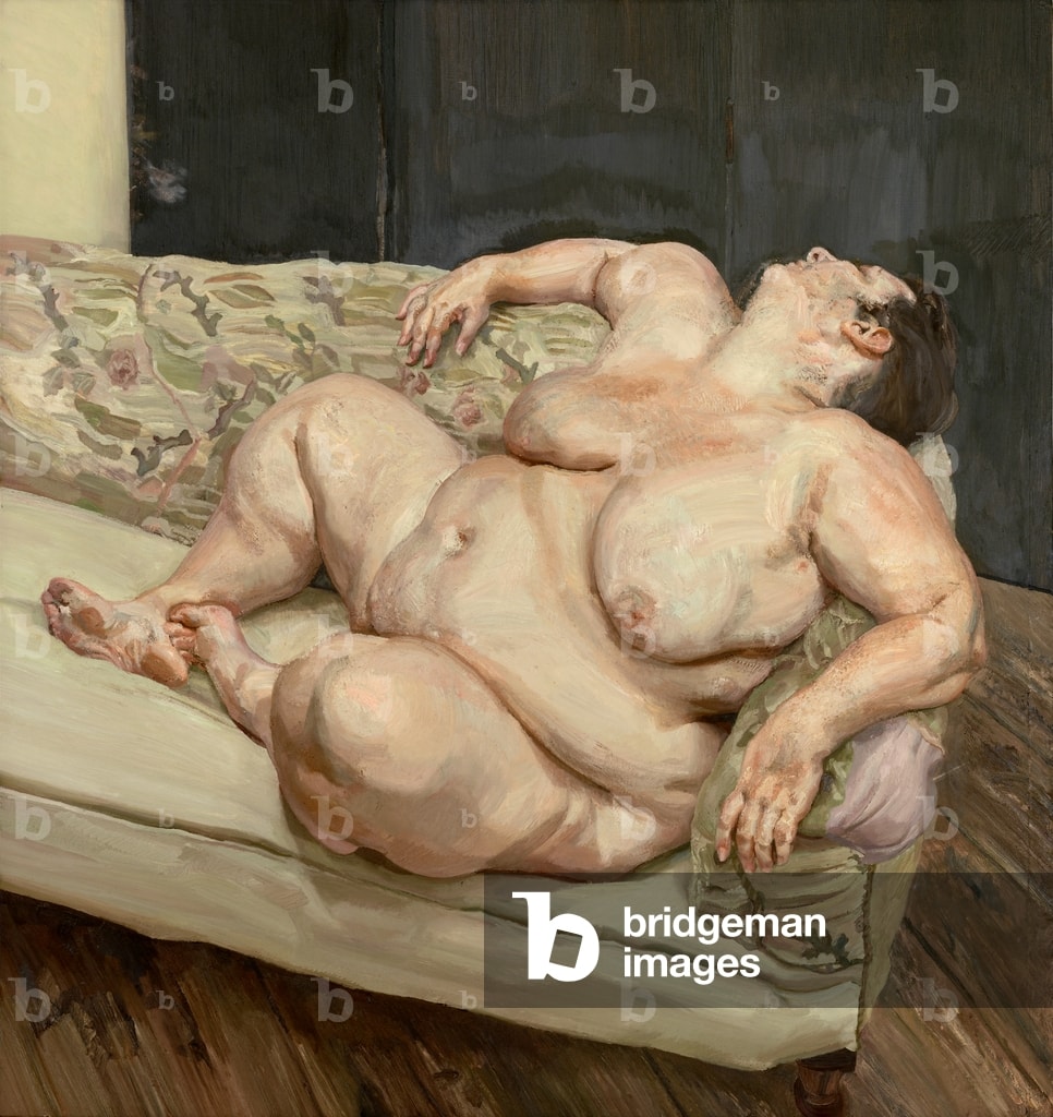 Click numbered symbols to learn about their meaning Benefits Supervisor Resting by Lucian Freud (1994) featuring Sagging floral sofa, Tipped‑back, averted head, Diagonal sprawl of the body, Knotted toes at the cushion’s edge