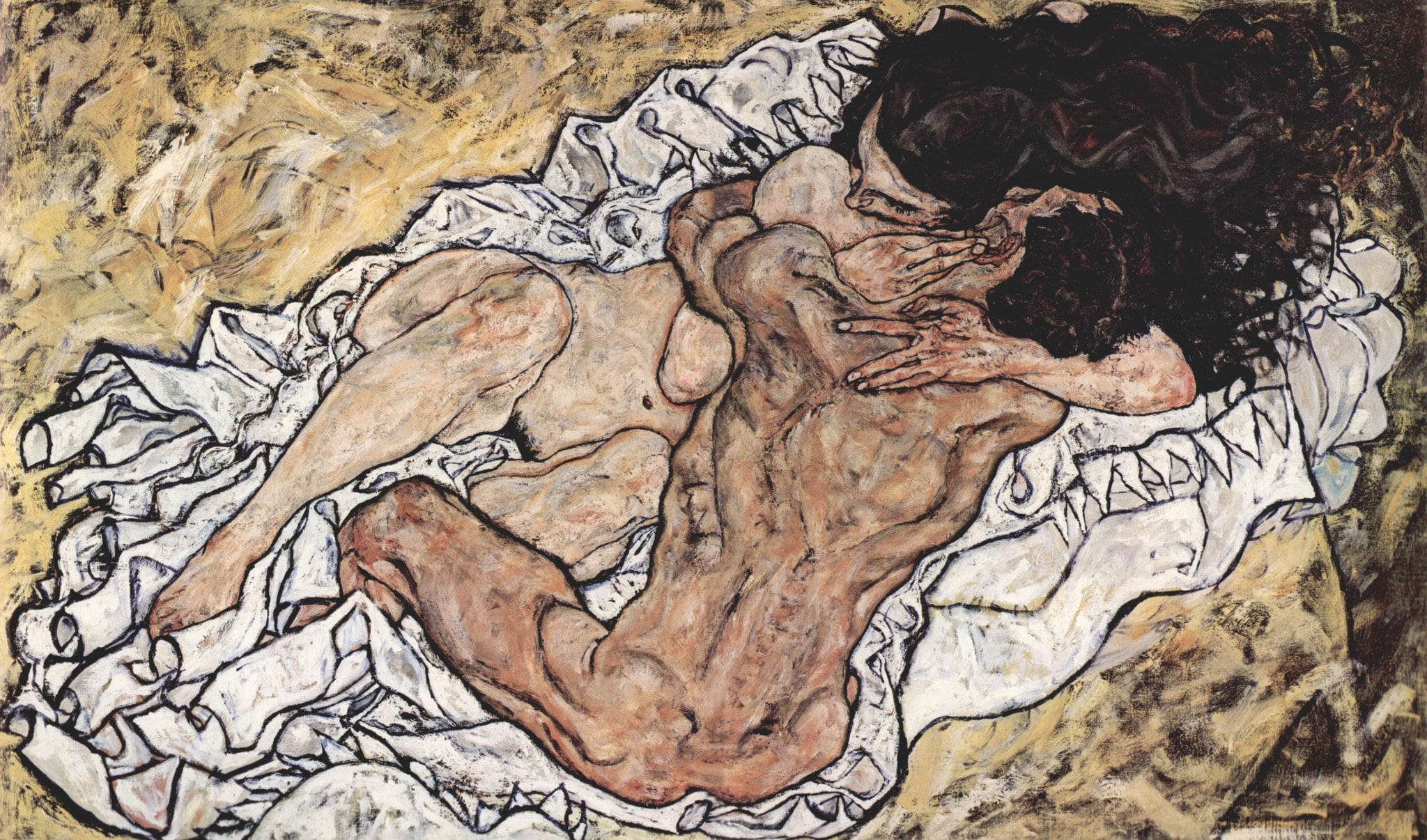 Click numbered symbols to learn about their meaning The Embrace by Egon Schiele (1917) featuring Fused contour, Proliferating hands, Agitated sheet, Black hair cloud