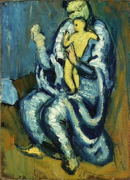 Click numbered symbols to learn about their meaning Motherhood (La Maternité) by Pablo Picasso (1903) featuring Protective blue-and-white robe (shell), Ocher child (ember of life), Raised, elongated hand (benediction), Bowed, veiled head