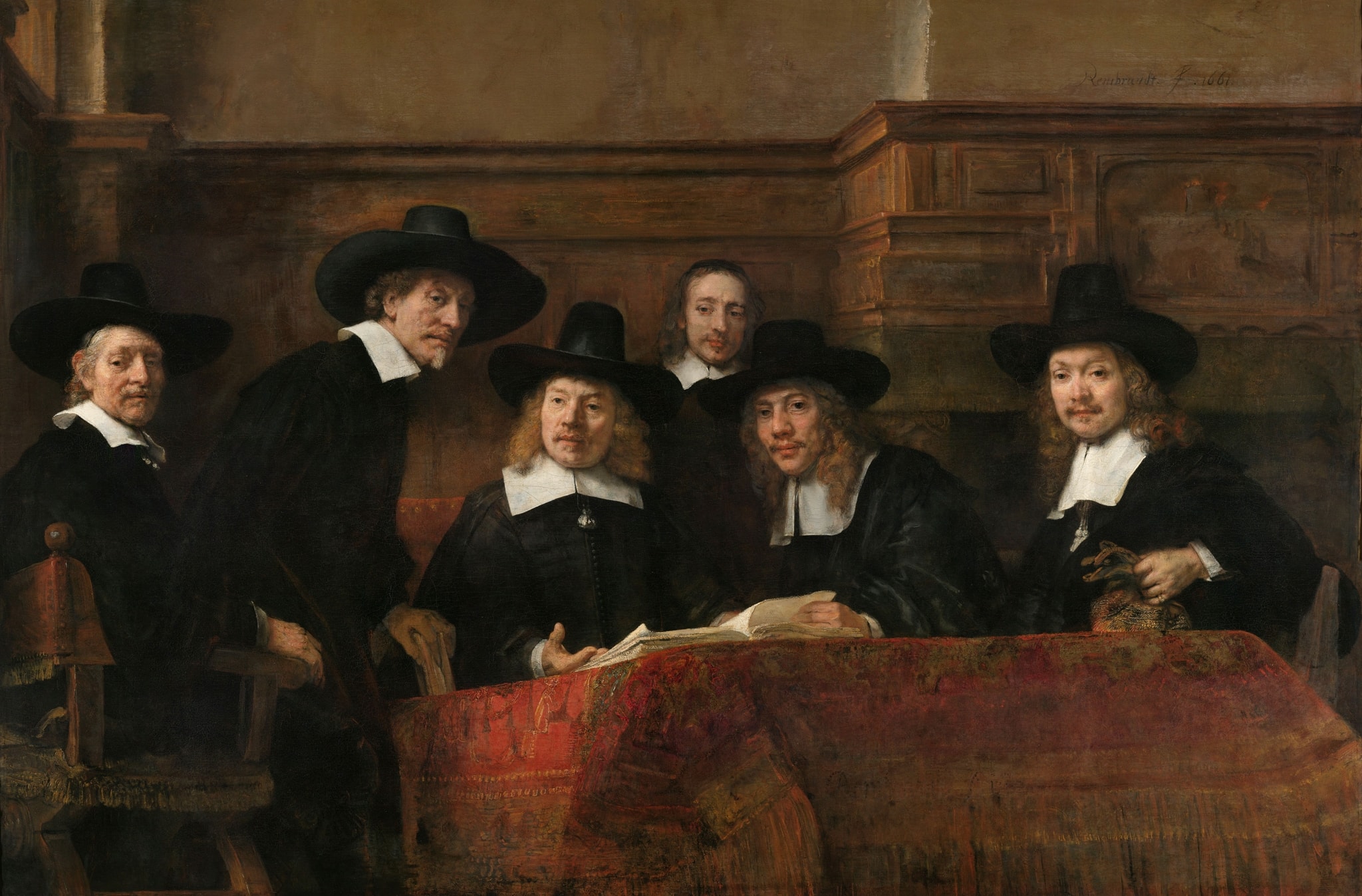 Click numbered symbols to learn about their meaning The Sampling Officials of the Amsterdam Drapers’ Guild, Known as ‘The Syndics’ by Rembrandt van Rijn (1662) featuring Open stalenboek (sample book), Oriental carpet on the table, Gloves (sign of office/readiness), Sober black dress with white collars and broad-brimmed hats