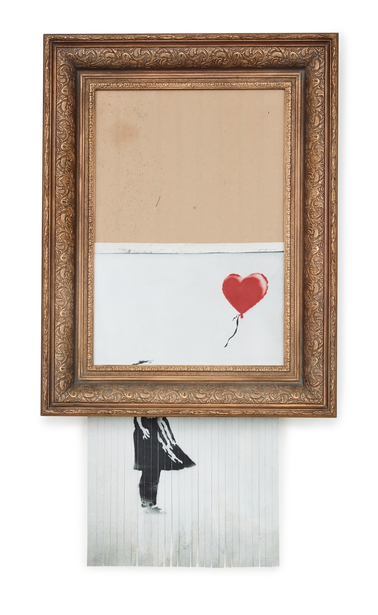 Click numbered symbols to learn about their meaning Love is in the Bin by Banksy (2018) featuring Red heart-shaped balloon, Severed balloon string, Partially shredded girl, Vertical paper strips