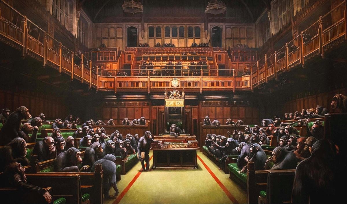 Click numbered symbols to learn about their meaning Devolved Parliament by Banksy (2009 (reworked and retitled by 2019)) featuring Chimpanzees (as MPs), Green benches of the House of Commons, Dispatch boxes, The Mace