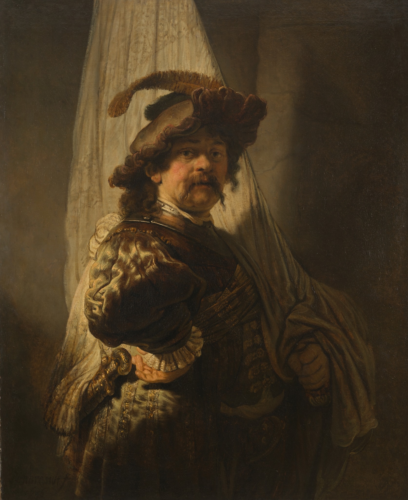 Click numbered symbols to learn about their meaning The Standard Bearer by Rembrandt van Rijn (1636) featuring Standard (flag), Gorget, Column/Pier, Dagger