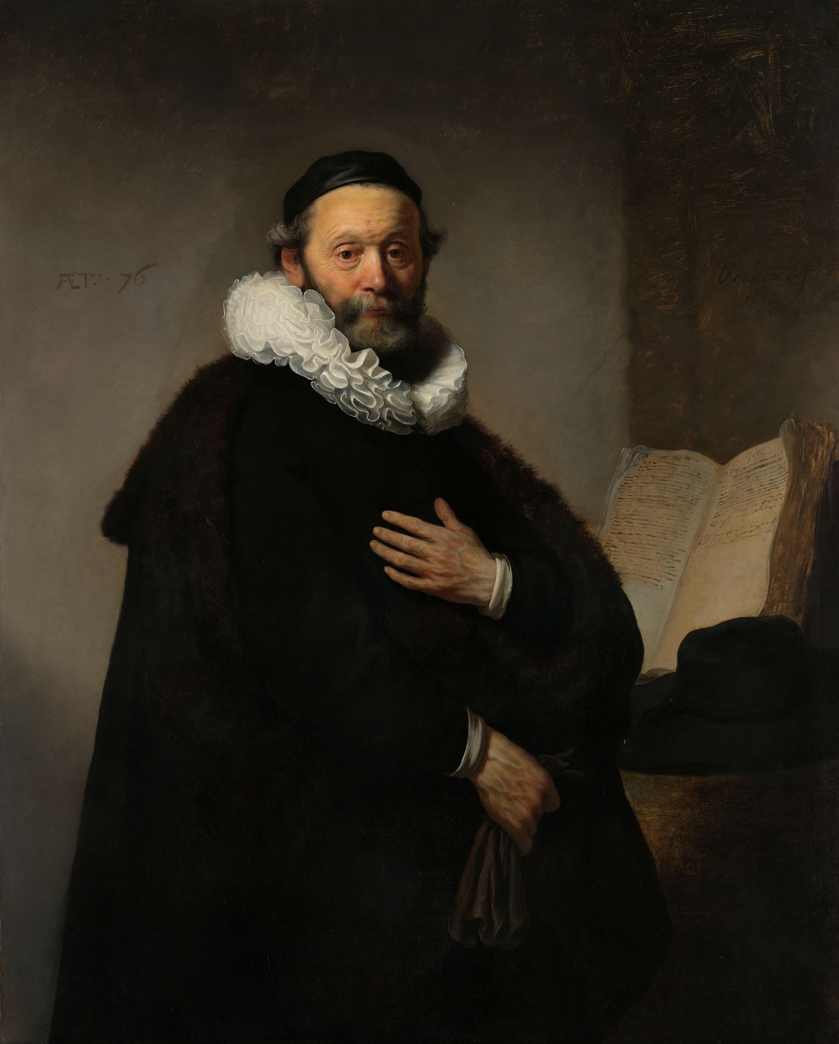 Click numbered symbols to learn about their meaning Johannes Wtenbogaert by Rembrandt van Rijn (1633) featuring Hand to chest, Open folio book, Plain hat, Glove held in hand