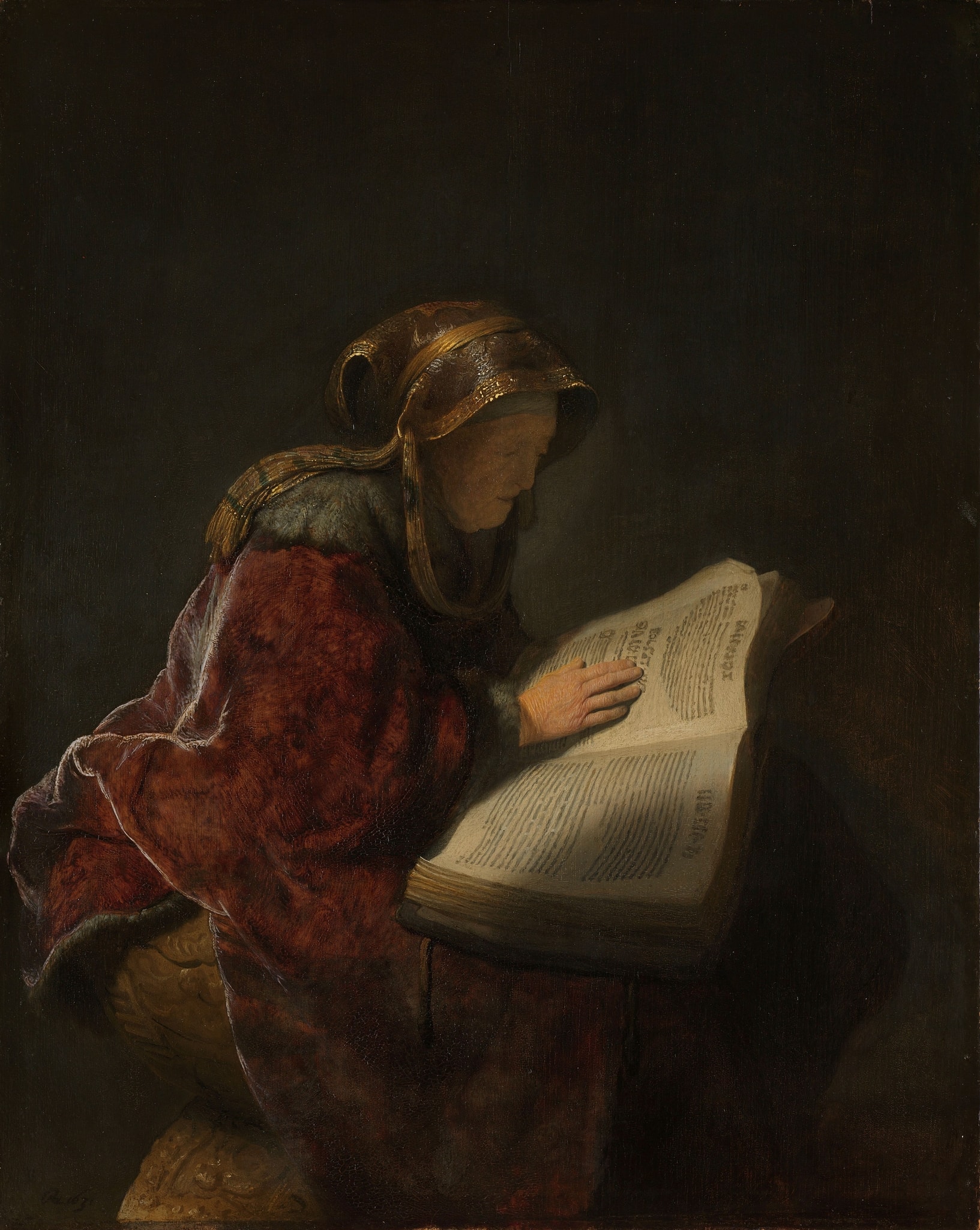 Click numbered symbols to learn about their meaning Old Woman Reading, Probably the Prophetess Anna by Rembrandt van Rijn (1631) featuring Illuminated folio (Scripture/Word), Guiding index finger, Directed light/hidden lamp, Bowed posture
