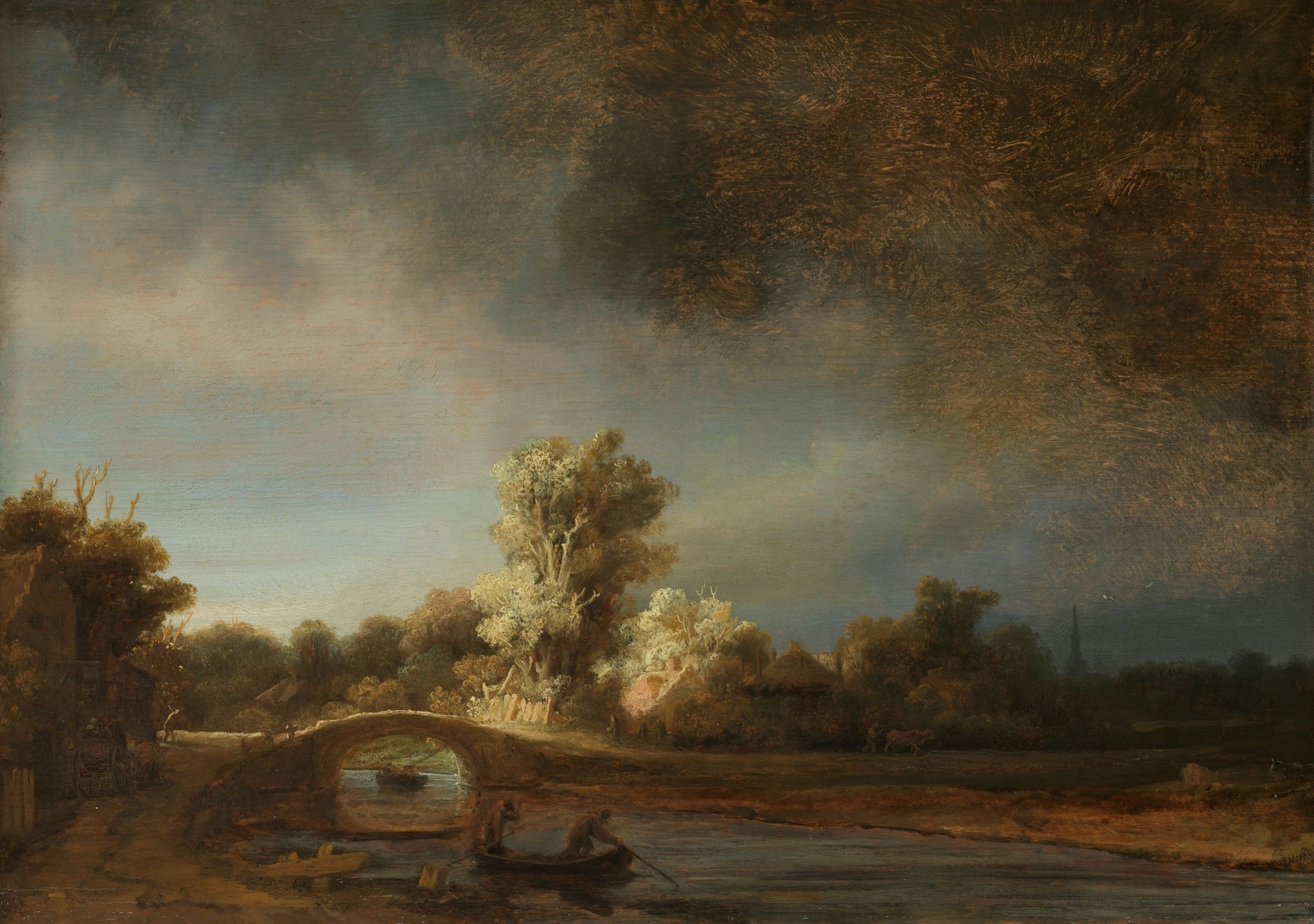 Click numbered symbols to learn about their meaning Landscape with a Stone Bridge by Rembrandt van Rijn (late 1630s (c. 1637–1638)) featuring Stone bridge, Sunbeam/illumination, Storm-laden sky, Boats and rowers