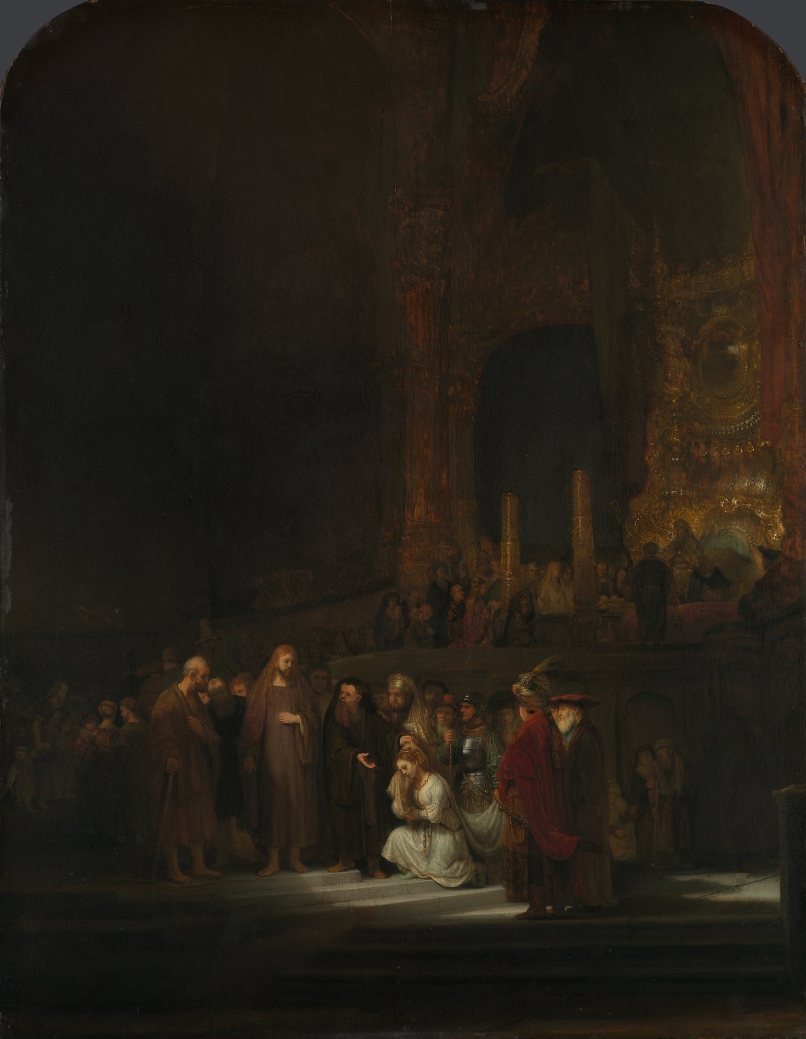 Click numbered symbols to learn about their meaning The Woman taken in Adultery by Rembrandt van Rijn (1644) featuring Beam of light, The woman's white shift and loosened veil, Christ’s directing hand, Accuser’s pointing finger