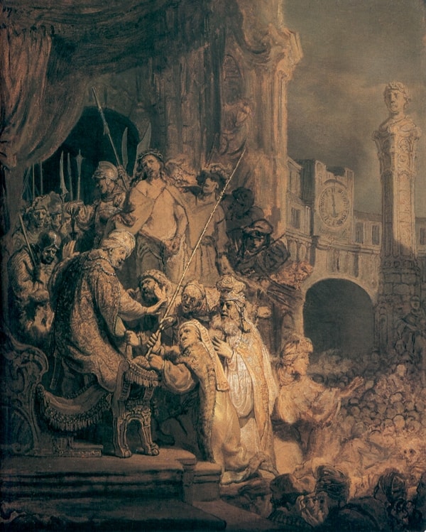 Click numbered symbols to learn about their meaning Ecce Homo by Rembrandt van Rijn (1634) featuring Canopy and elevated dais, Pilate’s reed/rod, Bound, illuminated Christ, Clock showing the sixth hour
