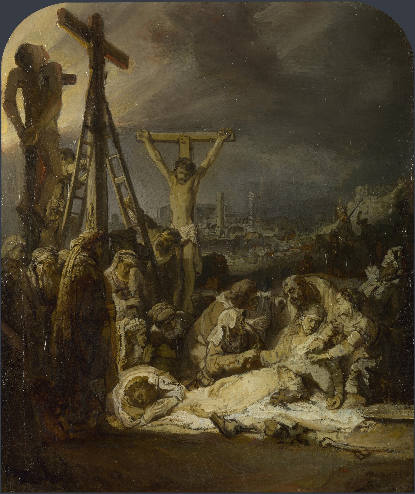 Click numbered symbols to learn about their meaning The Lamentation over the Dead Christ by Rembrandt van Rijn (about 1635) featuring White shroud and blaze of light, Christ’s lifeless body, Ladders and upright crosses, The two thieves on their crosses