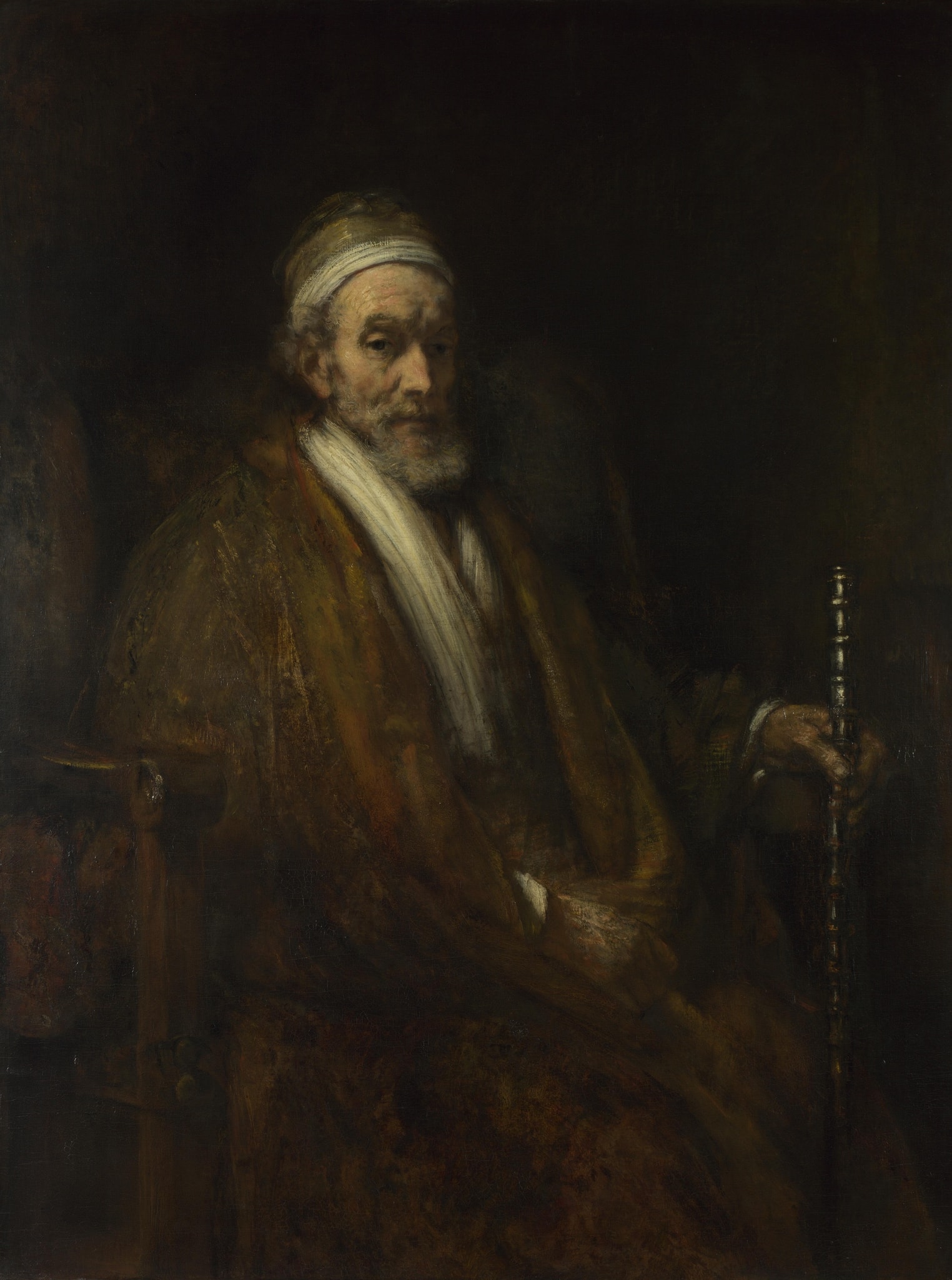 Click numbered symbols to learn about their meaning Portrait of Jacob Trip by Rembrandt van Rijn (c. 1661) featuring Staff (scepter-like cane), Tabbaard-like robe, White scarf/stole, Indoor cap