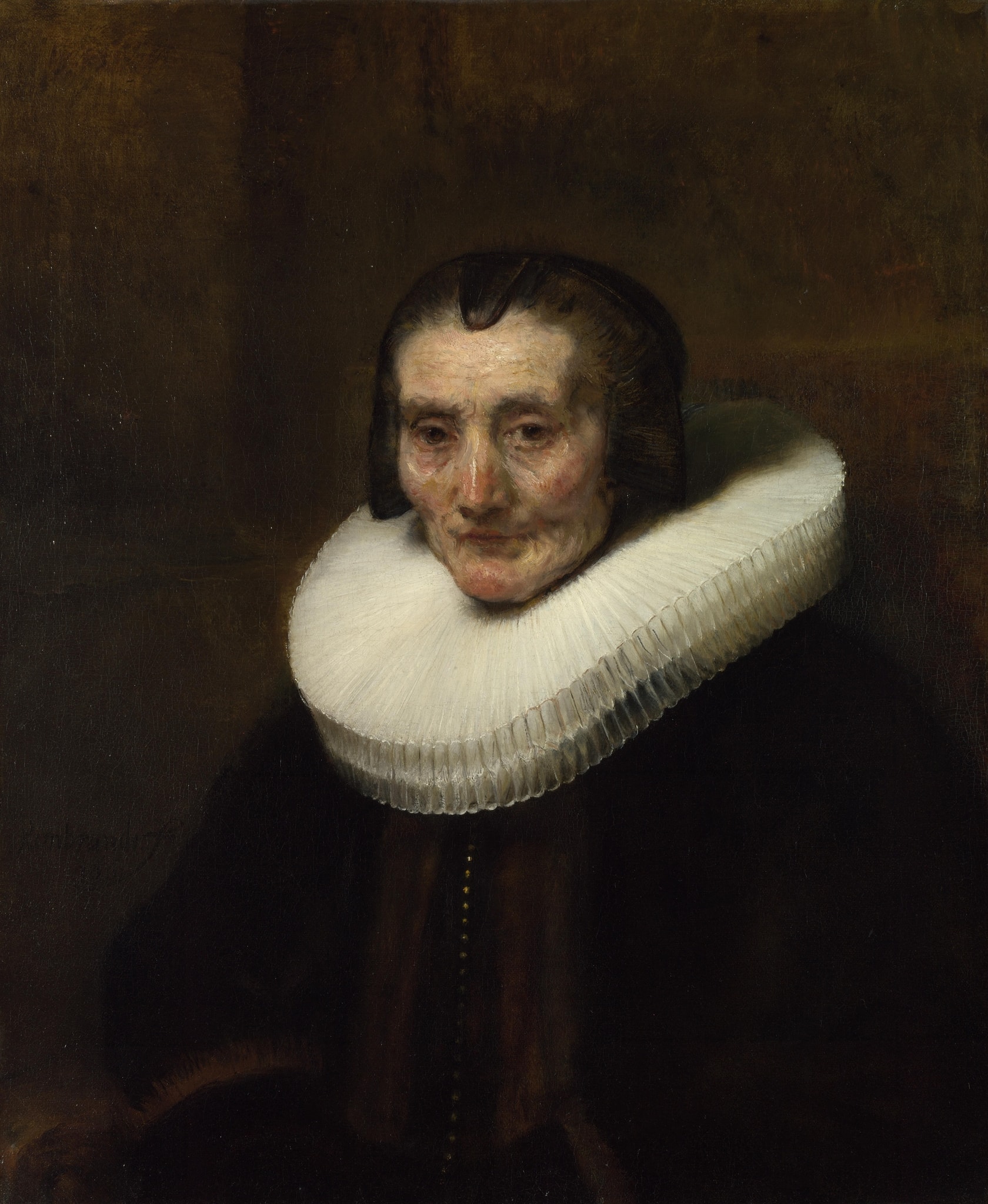 Click numbered symbols to learn about their meaning Portrait of Margaretha de Geer, Wife of Jacob Trip by Rembrandt van Rijn (about 1661) featuring Millstone ruff (white linen collar), Black gown, Modest black cap/hood, Row of small buttons