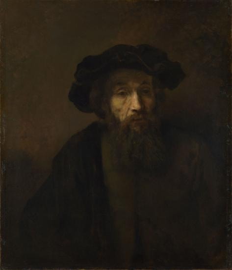 Click numbered symbols to learn about their meaning A Bearded Man in a Cap by Rembrandt van Rijn (late 1650s (probably 1657)) featuring Broad soft cap, Square-divided beard, Partial illumination (chiaroscuro beam), Averted, downcast gaze and softened mouth