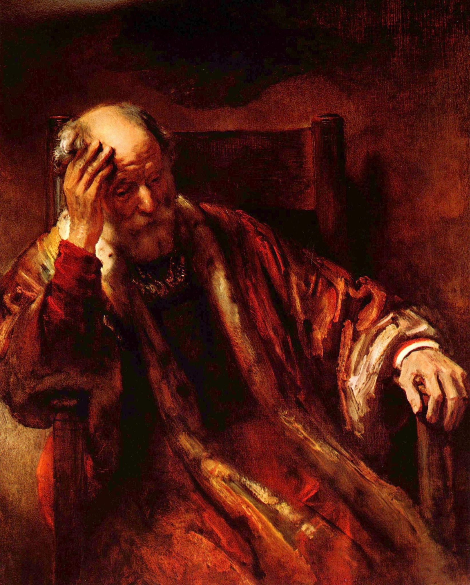 Click numbered symbols to learn about their meaning An Old Man in an Armchair by Rembrandt van Rijn (1652 (signed; generally dated 1650s)) featuring Beam of light on bald crown and face, Left hand pressed to forehead, Right hand gripping the chair arm, Chair’s vertical post (baluster) behind the head