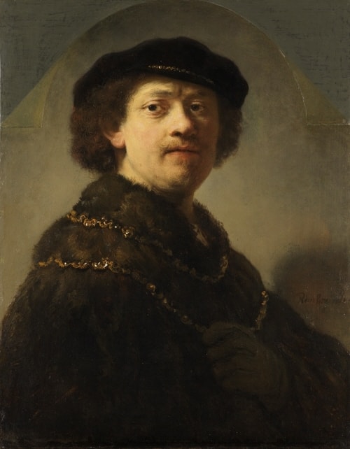 Click numbered symbols to learn about their meaning Self-Portrait in a Black Cap by Rembrandt van Rijn (1637) featuring Black cap, Gold chain, Gloved hand lifting the chain, Fur mantle
